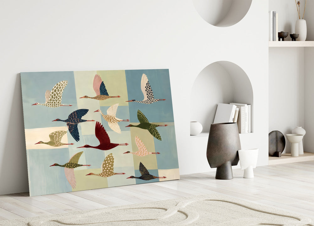 Flying Cranes Patchwork Pastel Glass Wall Art