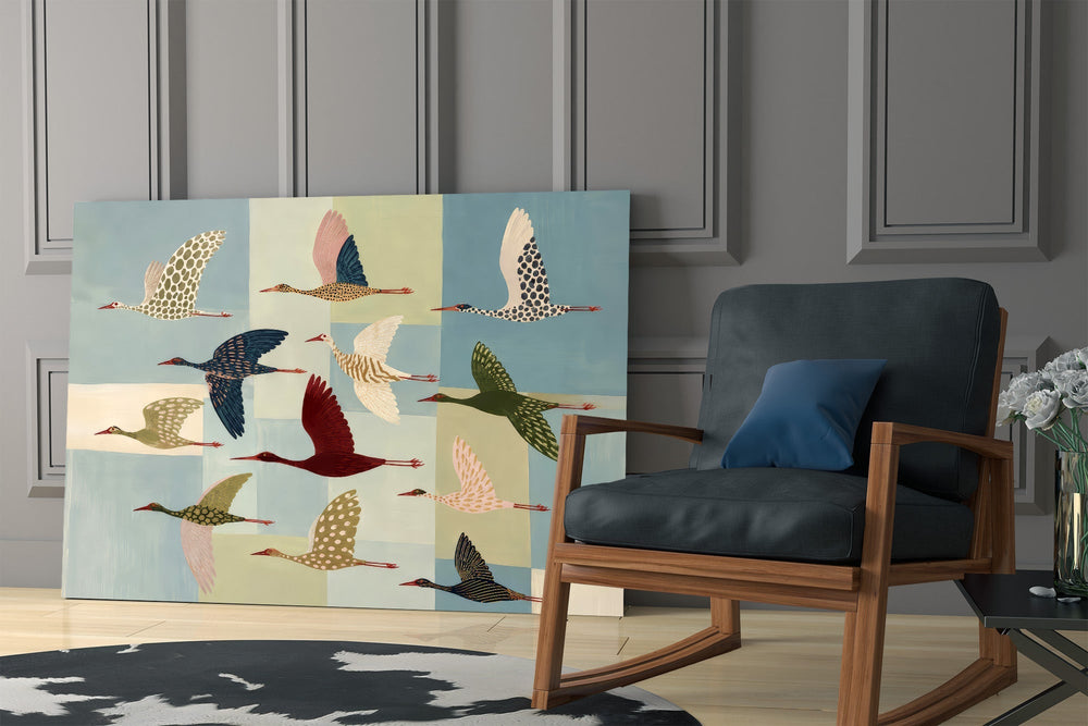 Flying Cranes Patchwork Pastel Glass Wall Art