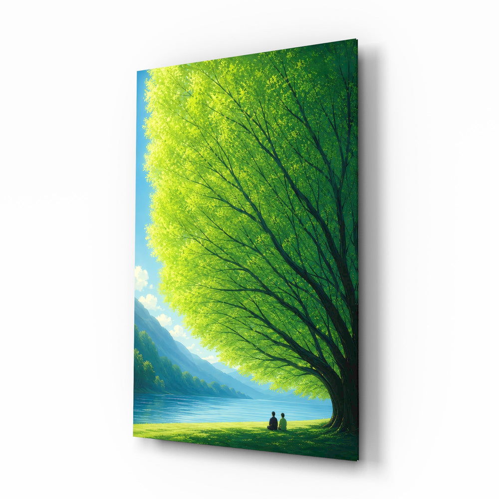 Giant Green Tree Lakeside Calm Glass Wall Art