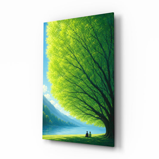 Giant Green Tree Lakeside Calm Glass Wall Art