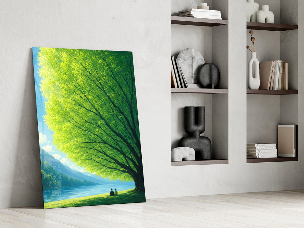 Giant Green Tree Lakeside Calm Glass Wall Art