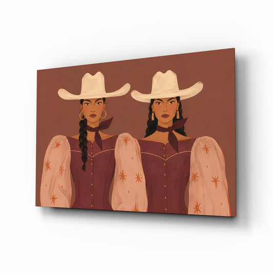 Two Cowgirls in Maroon Western Glass Wall Art