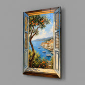 Coastal Village Window View Glass Wall Art