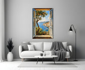 Coastal Village Window View Glass Wall Art