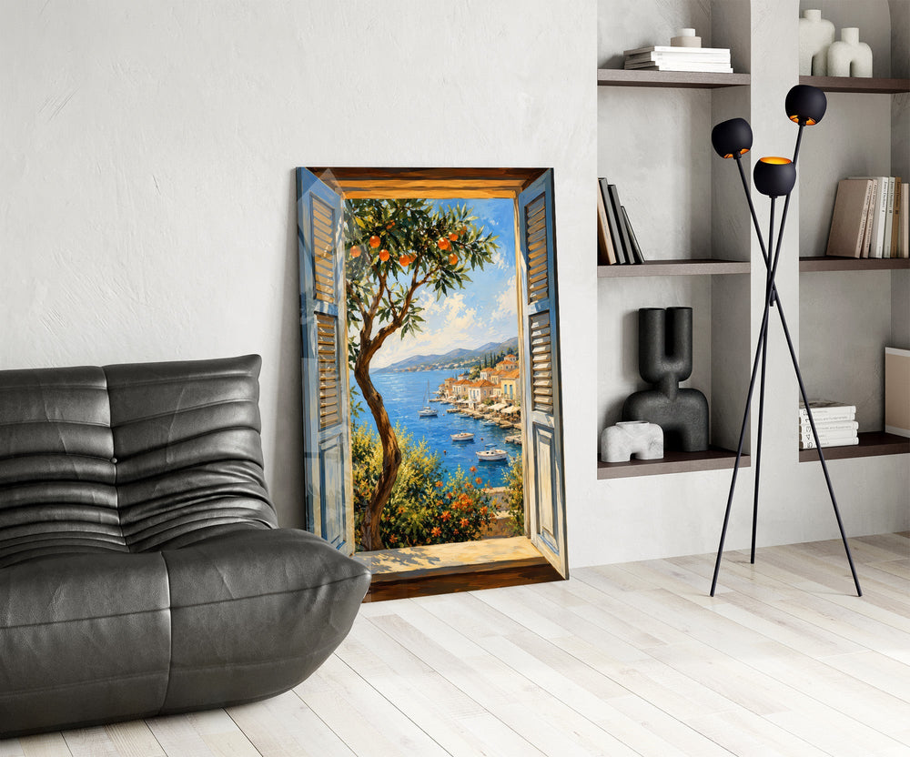 Coastal Village Window View Glass Wall Art