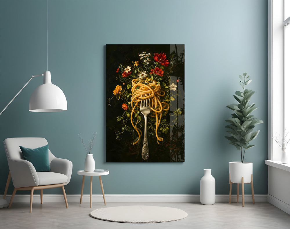 Spaghetti Fork and Wildflowers Glass Wall Art