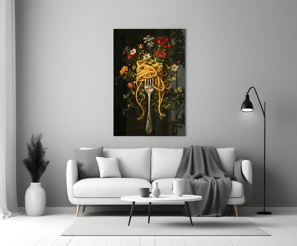 Spaghetti Fork and Wildflowers Glass Wall Art