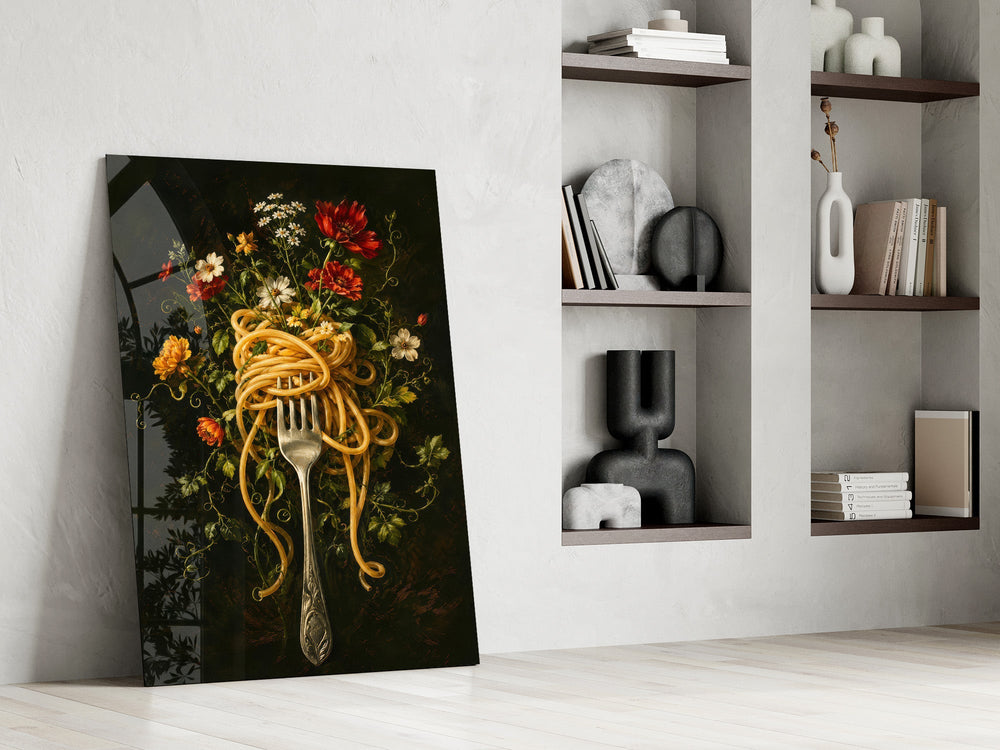 Spaghetti Fork and Wildflowers Glass Wall Art