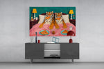 Two Tigers Eating Pizza in Bed Glass Wall Art