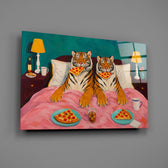 Two Tigers Eating Pizza in Bed Glass Wall Art