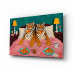 Two Tigers Eating Pizza in Bed Glass Wall Art