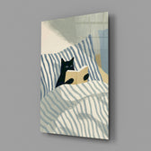 Reading Black Cat Blue Striped Bed Glass Wall Art