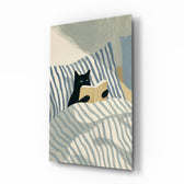 Reading Black Cat Blue Striped Bed Glass Wall Art