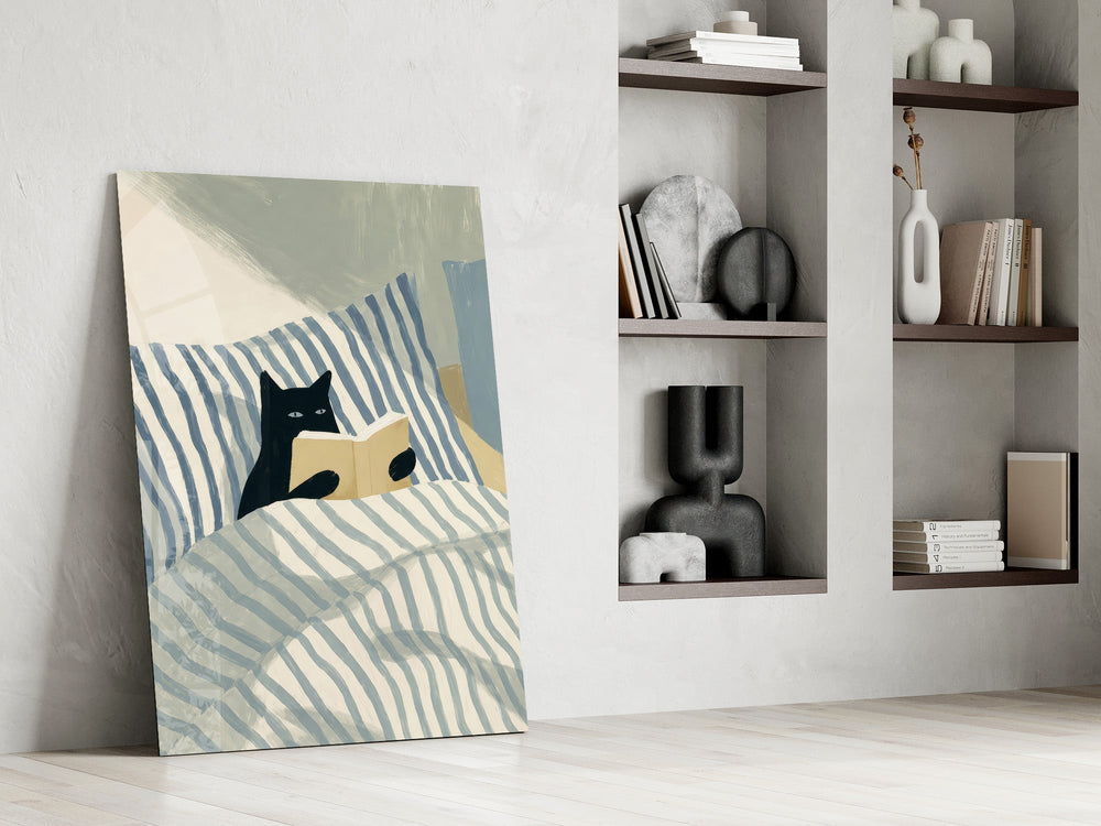 Reading Black Cat Blue Striped Bed Glass Wall Art