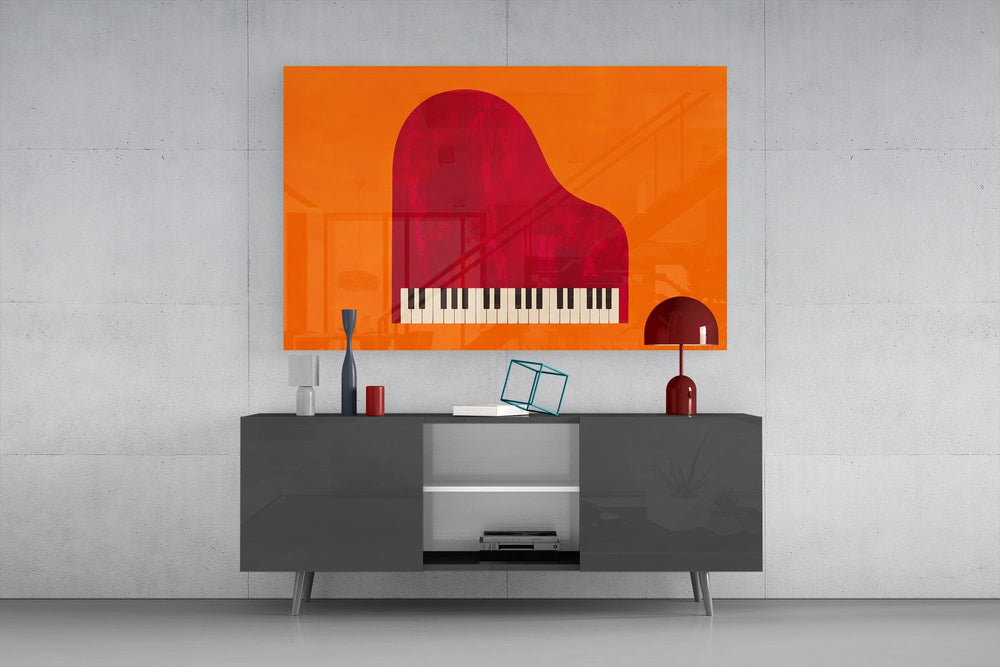 Red Grand Piano Orange Minimalist Glass Wall Art
