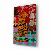 Seated Leopard Bold Chinoiserie Glass Wall Art