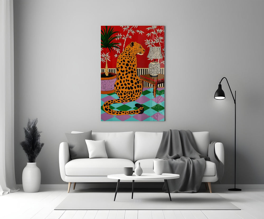 Seated Leopard Bold Chinoiserie Glass Wall Art