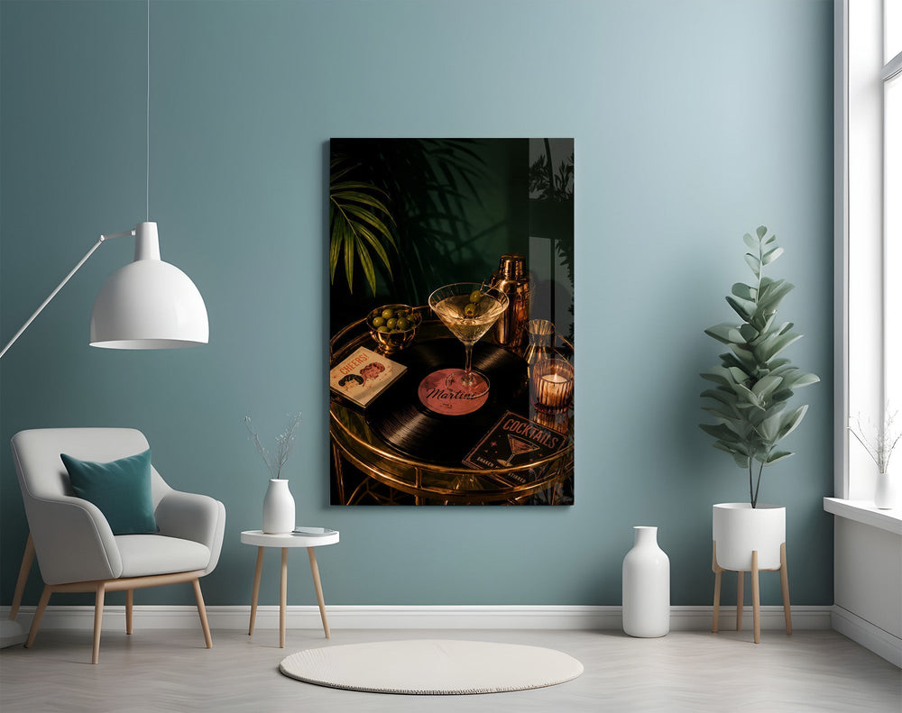 Martini Cocktail Golden Bar Cart Glass Wall Art