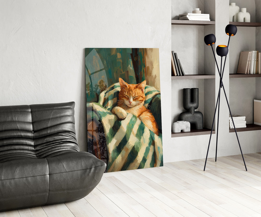 Sleeping Ginger Cat Impressionist Glass Wall Art