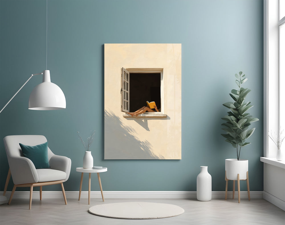 Open Window Reader Sunlit Facade Glass Wall Art