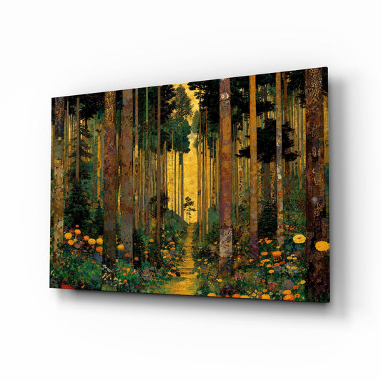 Golden Forest Path Ornamented Tree Trunks Glass Wall Art