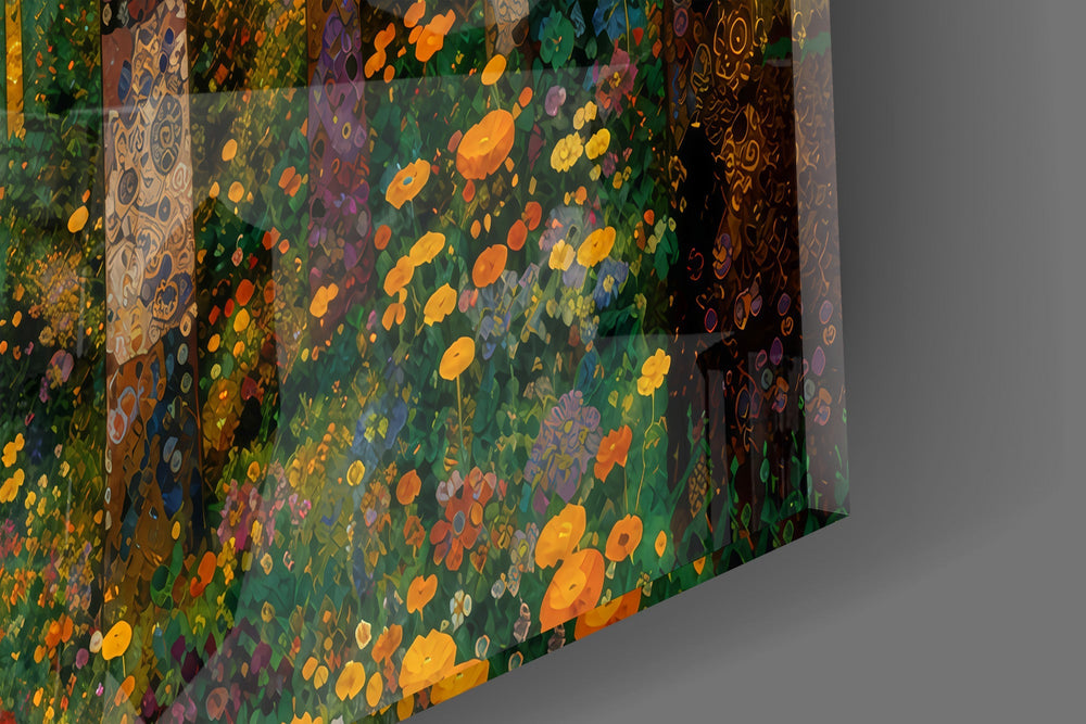 Golden Forest Path Ornamented Tree Trunks Glass Wall Art