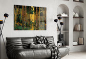 Golden Forest Path Ornamented Tree Trunks Glass Wall Art
