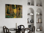 Golden Forest Path Ornamented Tree Trunks Glass Wall Art