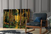 Golden Forest Path Ornamented Tree Trunks Glass Wall Art