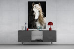 White Horse Flowing Mane Black Backdrop Glass Wall Art