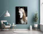 White Horse Flowing Mane Black Backdrop Glass Wall Art