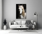 White Horse Flowing Mane Black Backdrop Glass Wall Art