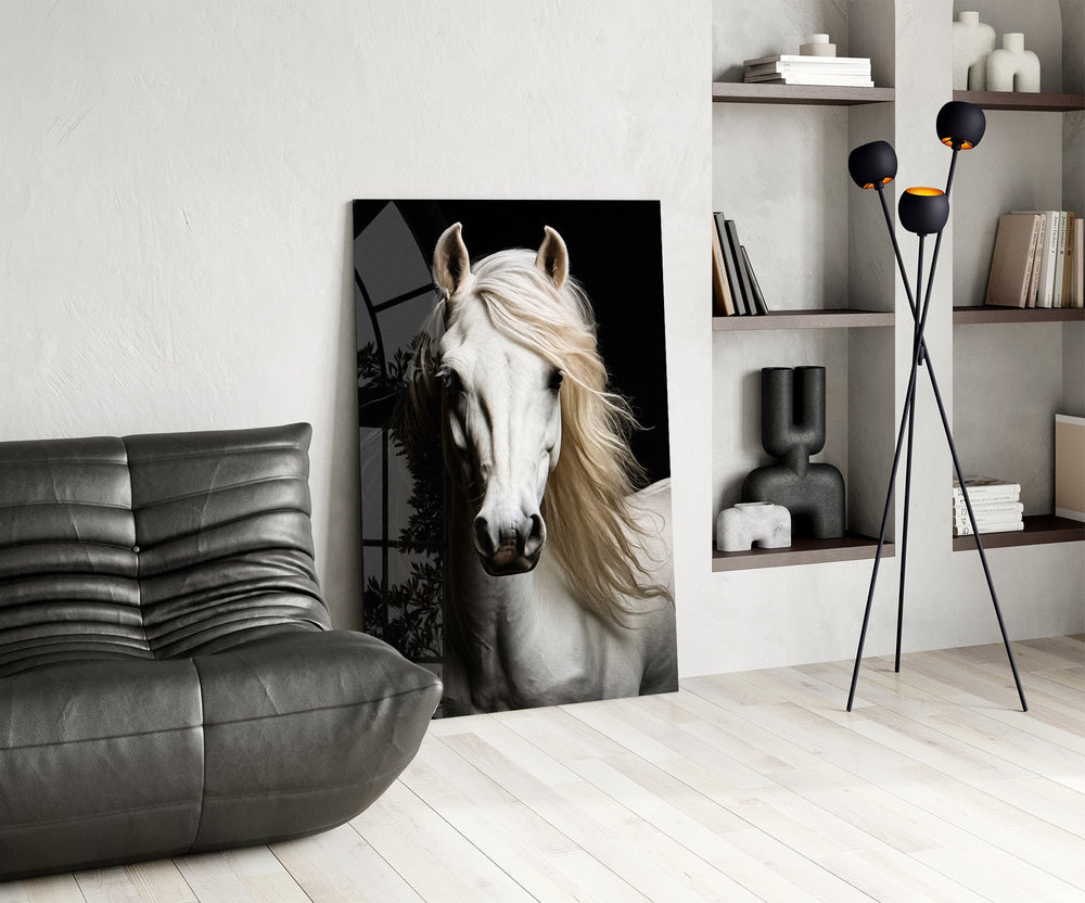 White Horse Flowing Mane Black Backdrop Glass Wall Art