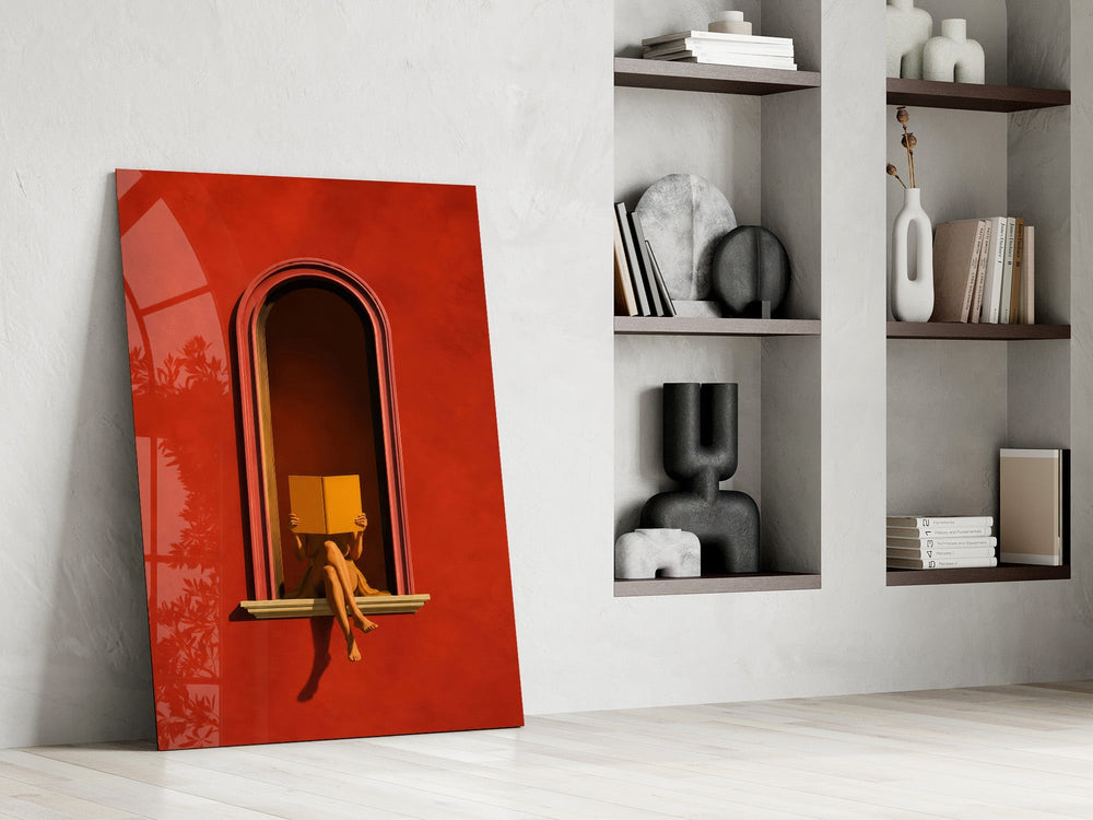 Red Wall Arched Niche Book Reader Glass Wall Art