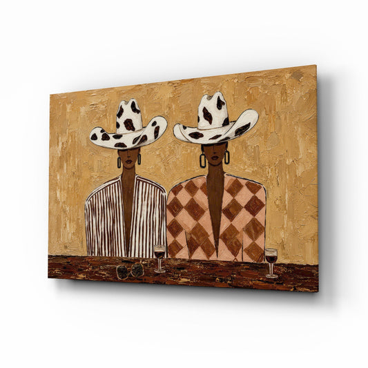 Cowgirl Duo Cow-Print Hats Warm Tones Glass Wall Art