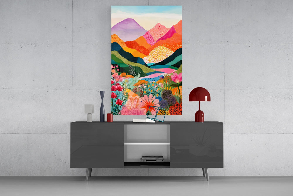 Vibrant Layered Mountains Wildflower Valley Glass Wall Art