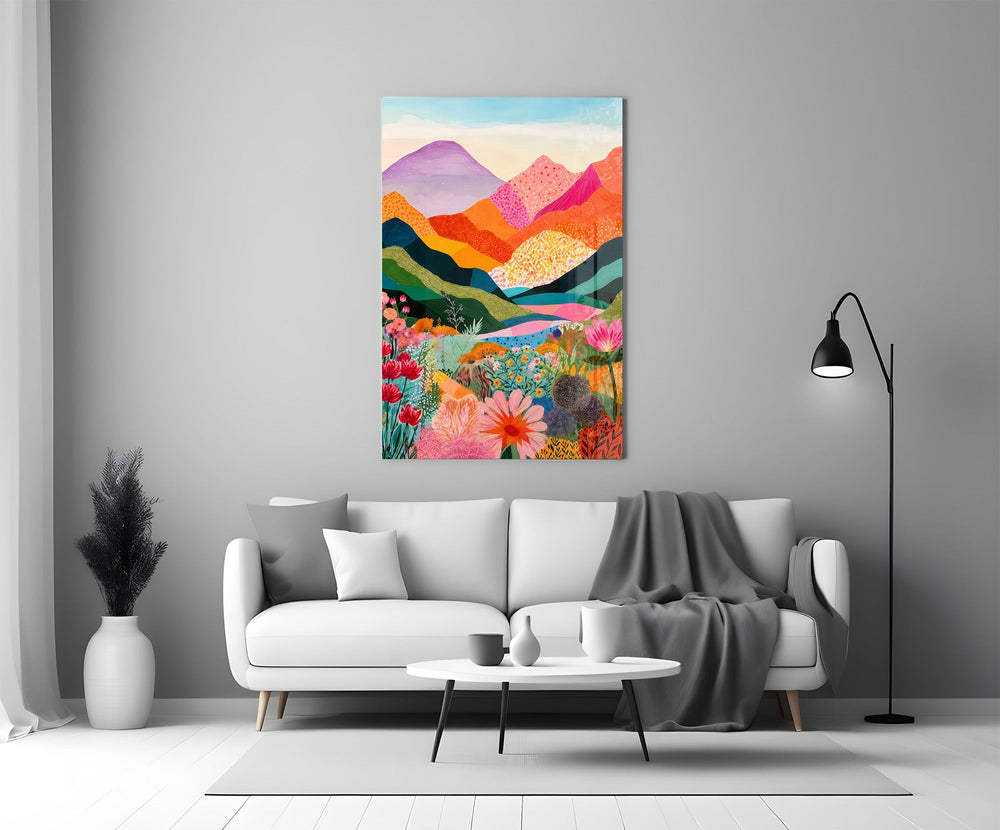 Vibrant Layered Mountains Wildflower Valley Glass Wall Art