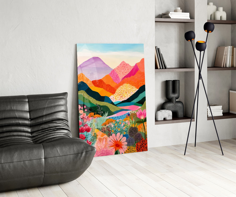 Vibrant Layered Mountains Wildflower Valley Glass Wall Art