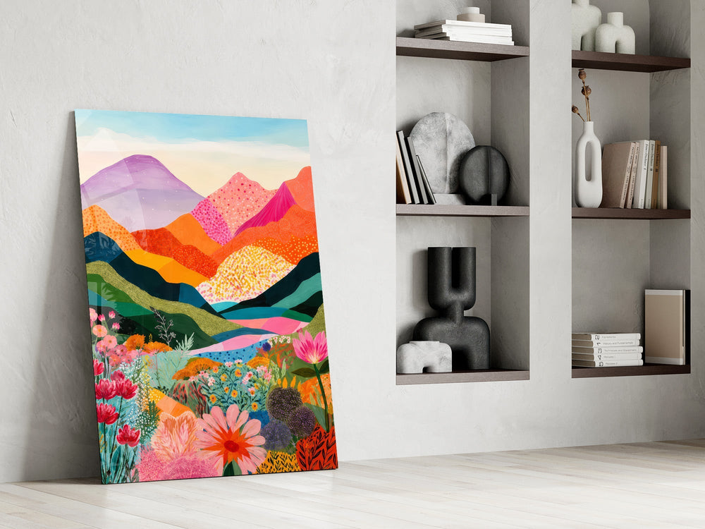 Vibrant Layered Mountains Wildflower Valley Glass Wall Art