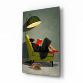 Woman Reading Red Book Green Armchair Glass Wall Art