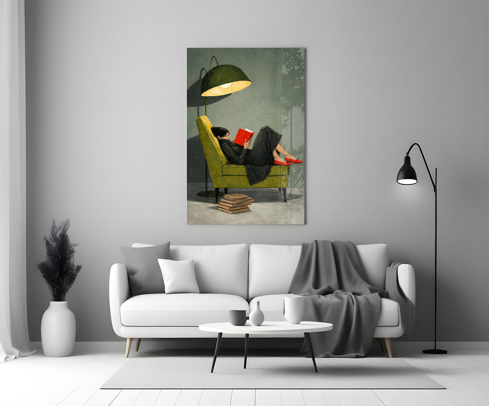 Woman Reading Red Book Green Armchair Glass Wall Art