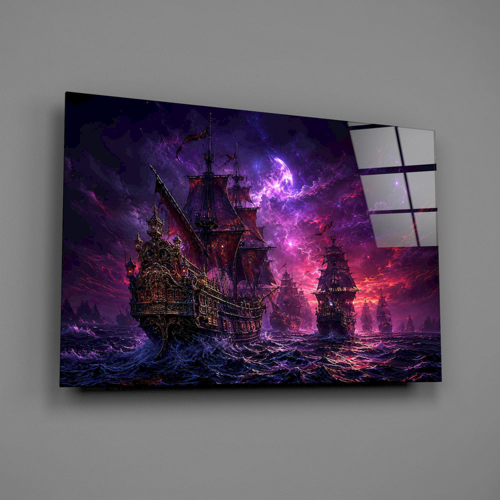 Pirate Galleon Fleet Crimson Purple Sky Glass Wall Art