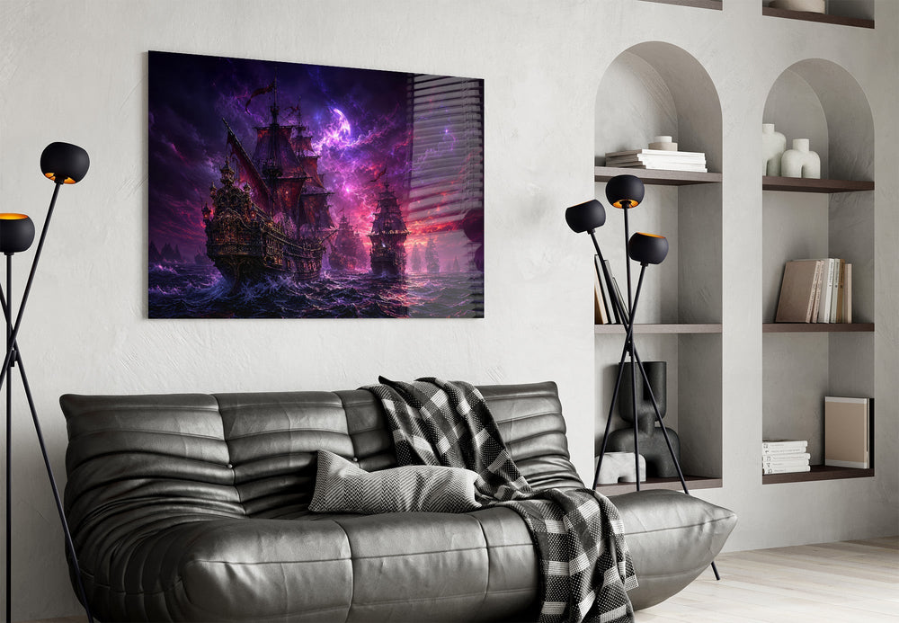 Pirate Galleon Fleet Crimson Purple Sky Glass Wall Art