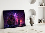 Pirate Galleon Fleet Crimson Purple Sky Glass Wall Art