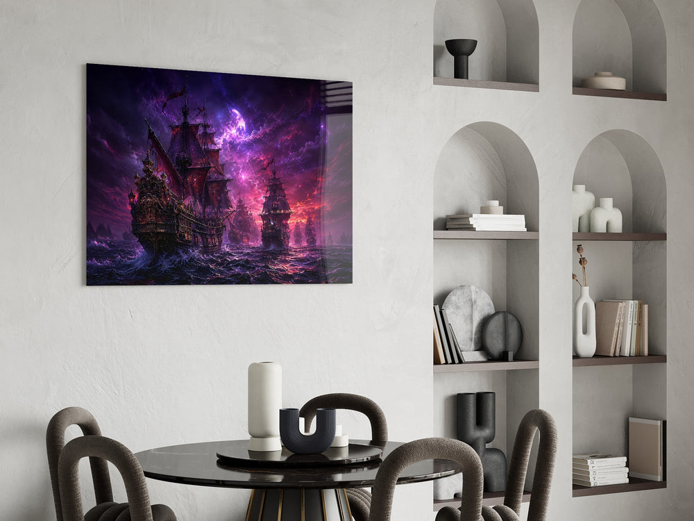 Pirate Galleon Fleet Crimson Purple Sky Glass Wall Art