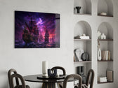 Pirate Galleon Fleet Crimson Purple Sky Glass Wall Art