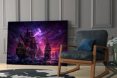 Pirate Galleon Fleet Crimson Purple Sky Glass Wall Art