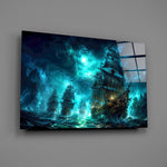 Ghost Pirate Ships Glowing Teal Storm Glass Wall Art