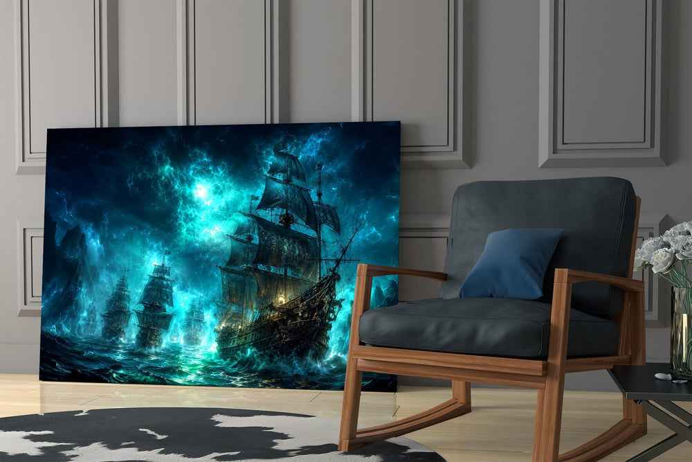 Ghost Pirate Ships Glowing Teal Storm Glass Wall Art