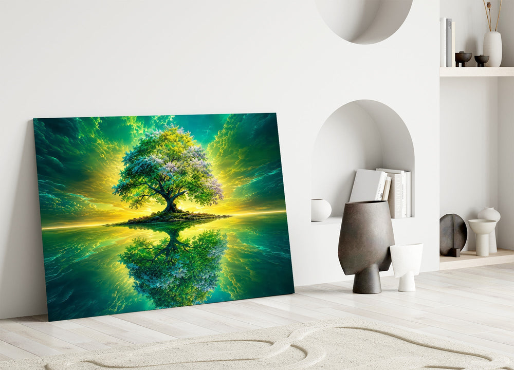 Emerald Tree of Life Mirrored Lake Glass Wall Art